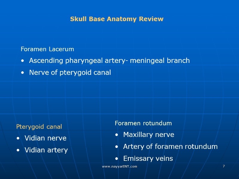 Skull Base Anatomy Review Foramen Lacerum   Ascending pharyngeal artery- meningeal branch 